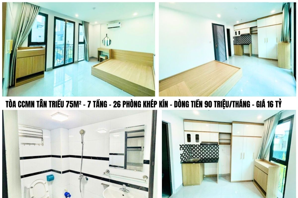 TÒA CCMN TÂN TRIỀU 75M² – 7 TẦNG – 26 PHÒNG KHÉP KÍN – DÒNG TIỀN 90 TRIỆU/THÁNG – GIÁ 16 TỶ